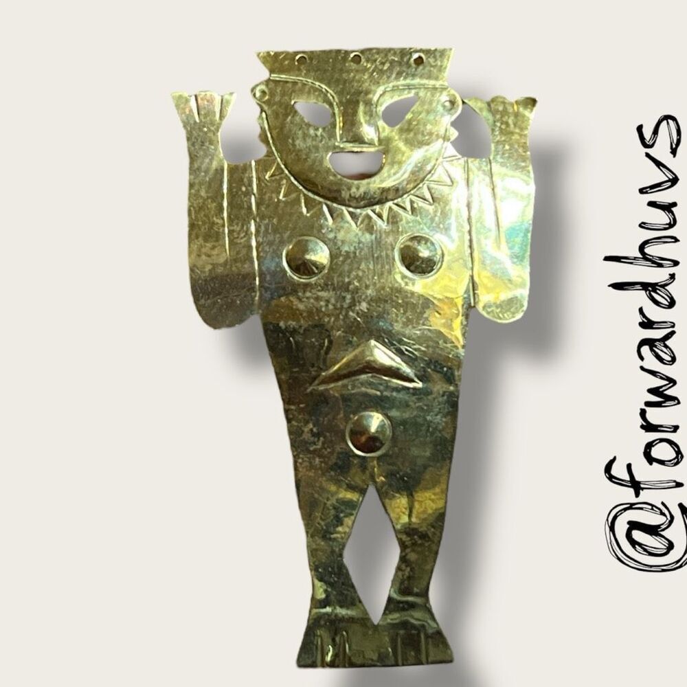 Vintage Brass Chimu Figure Brooch – Peruvian Pre-Inca Design